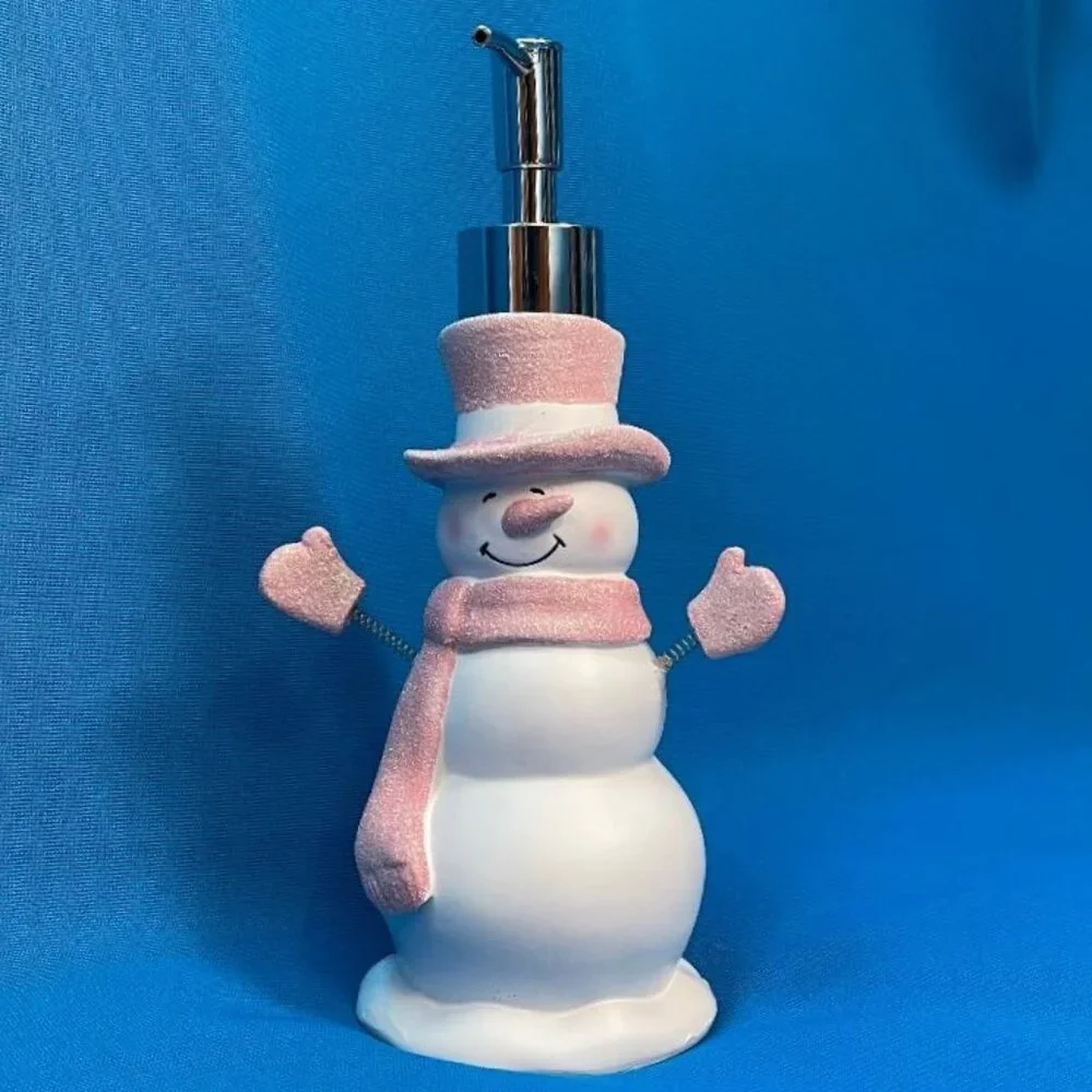 NEW ADORABLE SNOWMAN SOAP / LOTION PUMP DISPENSER WHITE & PINK GLITTER SPARKLE